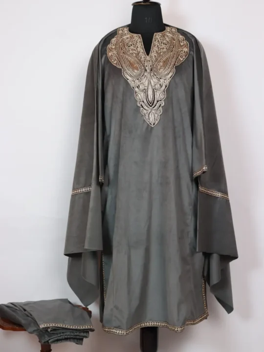 Dark Grey Valvet Nazakat Pheran Set in Zari Tilla Work