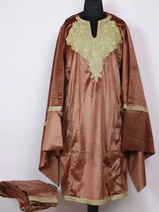 Brown Partywear Pheran set With Dupatta in Valvet with Zari Tilla Work
