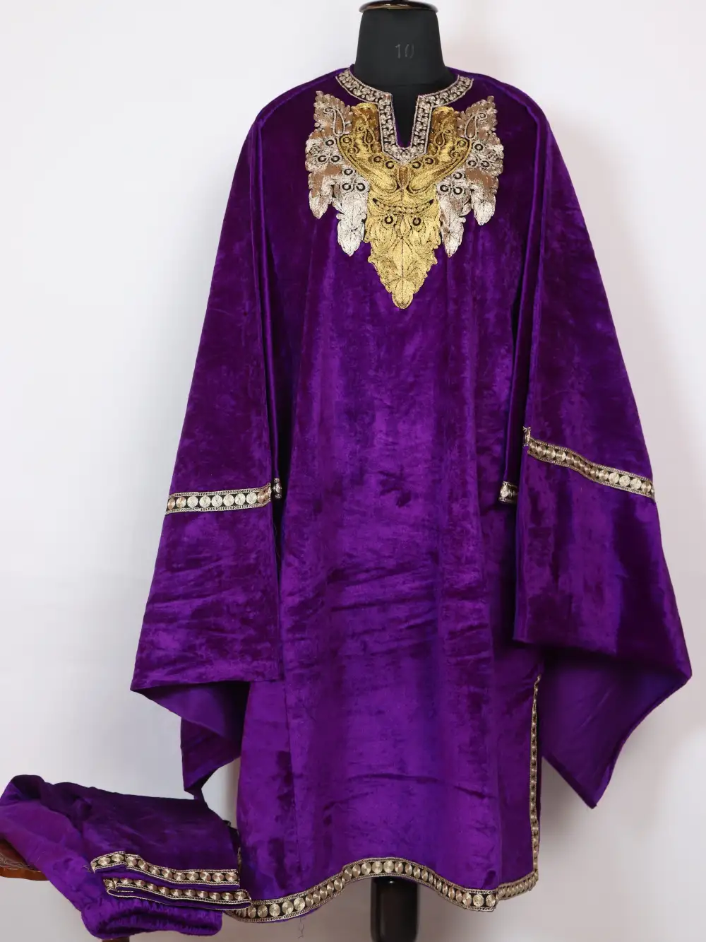 Velvet Purple Partywear Pheran set With Dupatta - Zari Tilla Embroidery