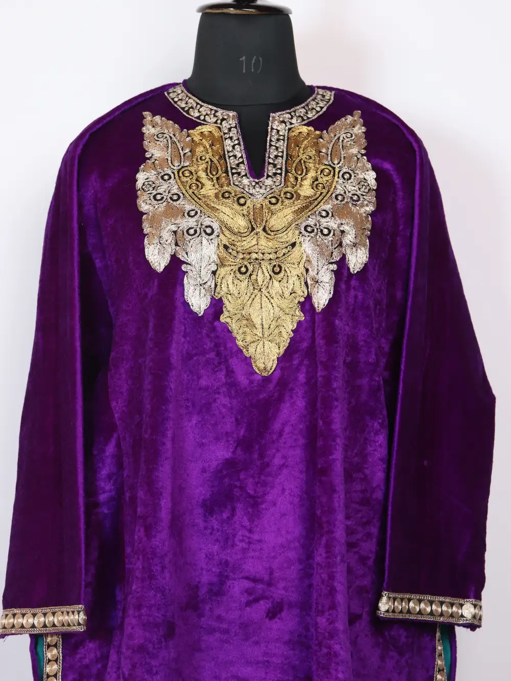 Velvet Purple Loose Partywear Pheran set With Dupatta - Zari Tilla Embroidery - Image 2