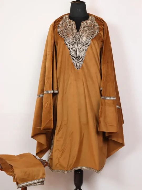 Khubsurat Brown Velvet Zari Tilla Work Partywear Pheran set With Dupatta