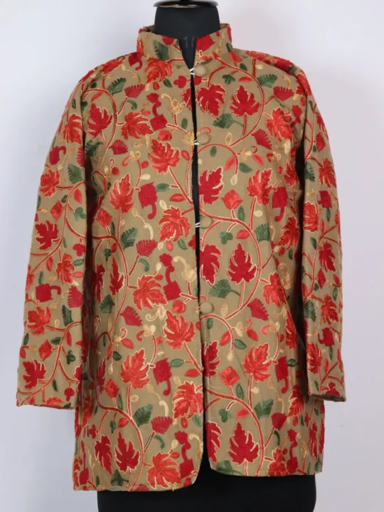 Cashmilon Wool Beige Chinar Aari Embroidery Short Coat Rahila