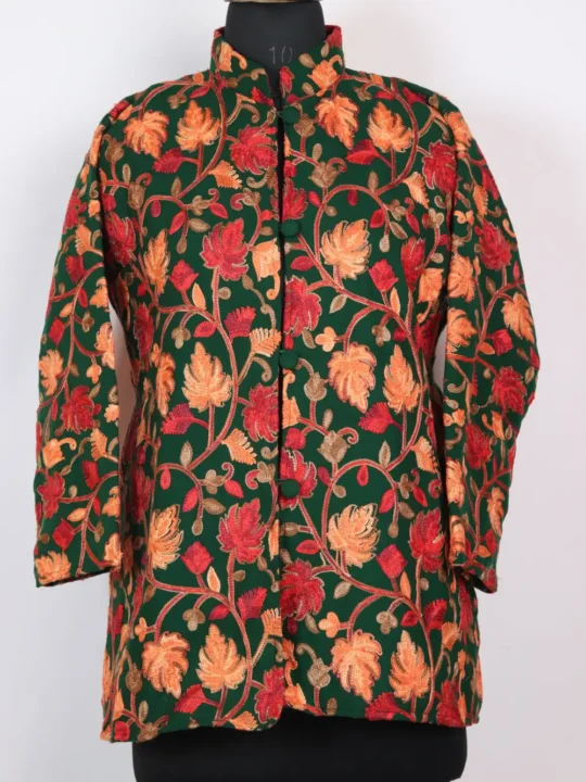 Rubina Forest Green Short Cashmilon Wool Coat with Chinar Aari Work