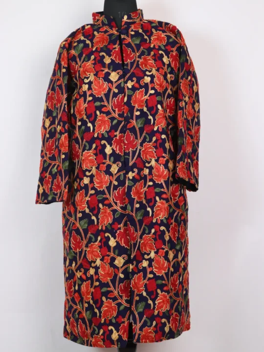 Dark Blue Long Cashmilon Wool Coat with Chinar Aari Embroidery