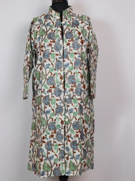 Long Farzana White Cashmilon Wool Coat with Chinar Aari Work
