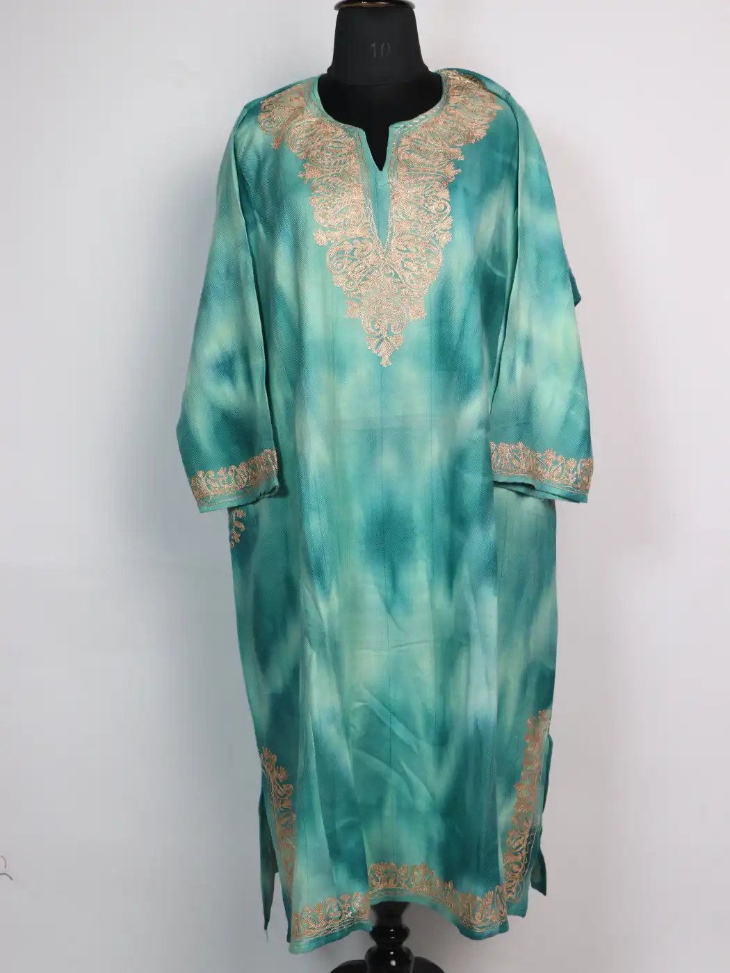 Blue Loose Pheran Tie and Dye with Zari work in Cashmilon Wool Asiya