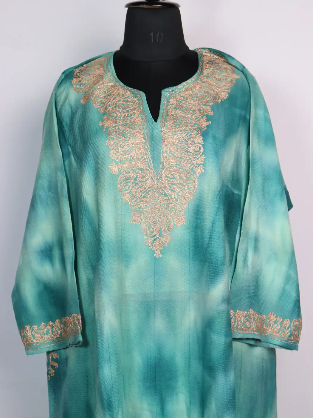Blue Loose Pheran Tie and Dye with Zari work in Cashmilon Wool Asiya - Image 2