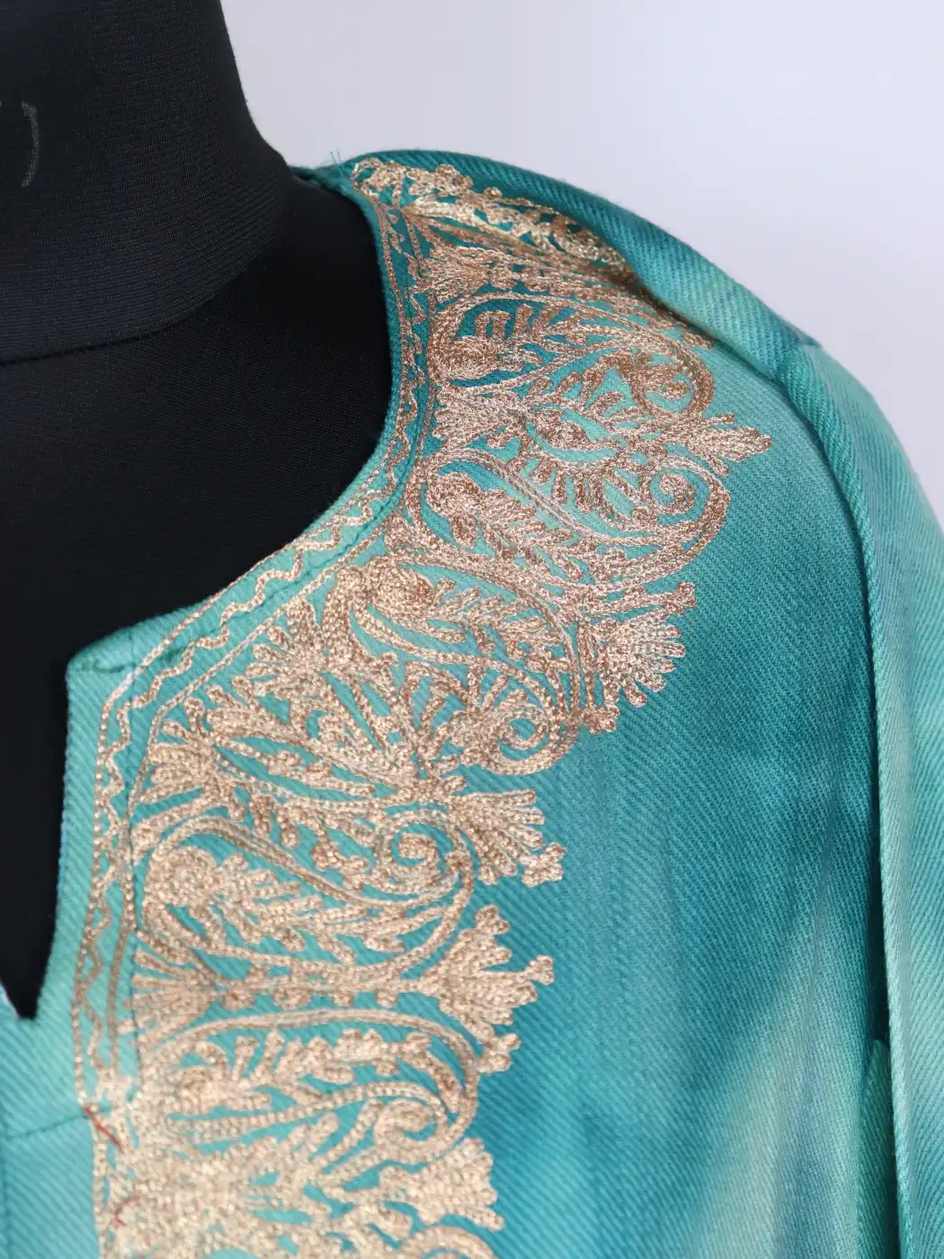Blue Loose Pheran Tie and Dye with Zari work in Cashmilon Wool Asiya - Image 3