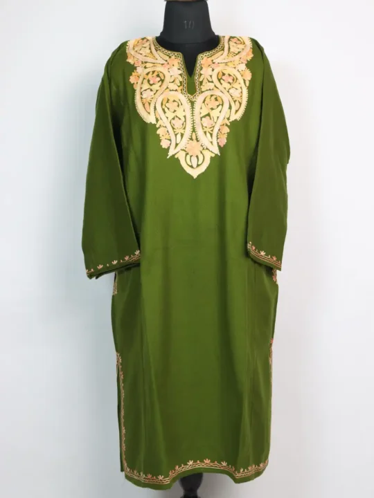 Aari Embroidery Olive Green Pheran in Cashmilon Wool Hoor