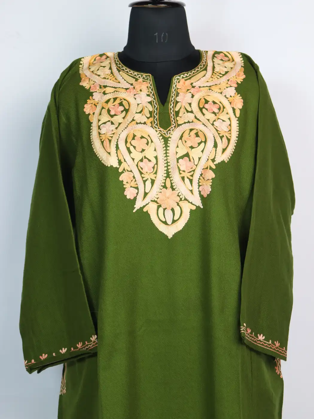 Aari Embroidery Olive Green Pheran in Cashmilon Wool Hoor - Image 3