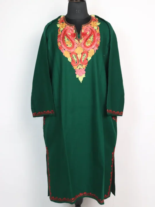Dark Green Woolen Cashmilon Pheran Rahat with Aari Embroidery