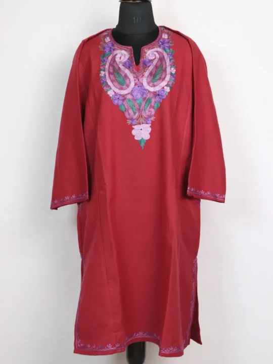 Aari Work Dark Pink Rubeen Pheran in Cashmilon Wool