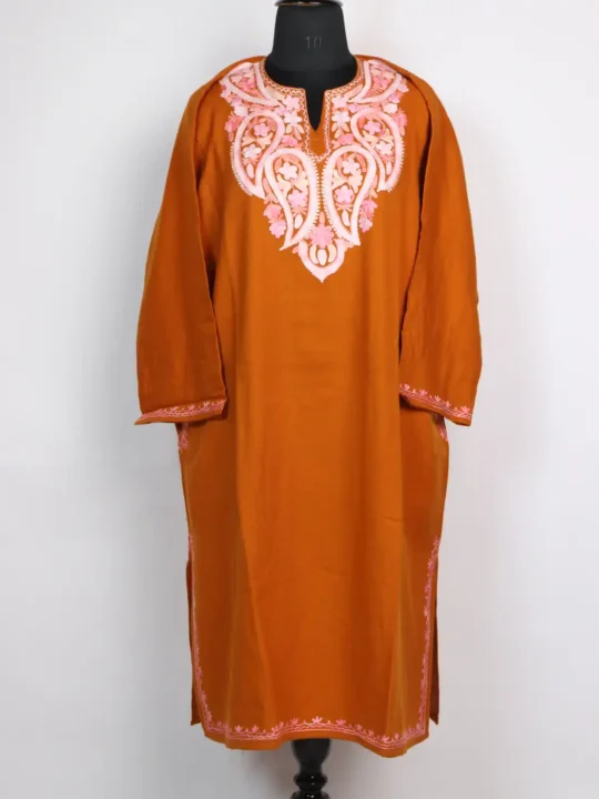 Aari Work Mustard Faika Pheran in Cashmilon Wool