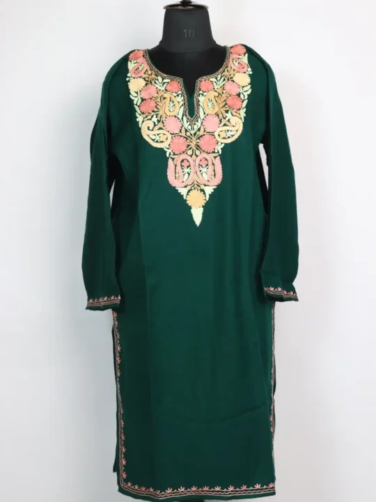 Aari Embroidery Dark Green Pheran in Cashmilon Wool Hoor