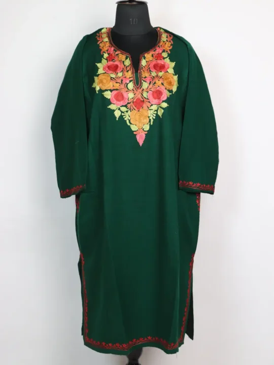 Dark Green Aari Embroidery Pheran in Mehak Cashmilon Wool