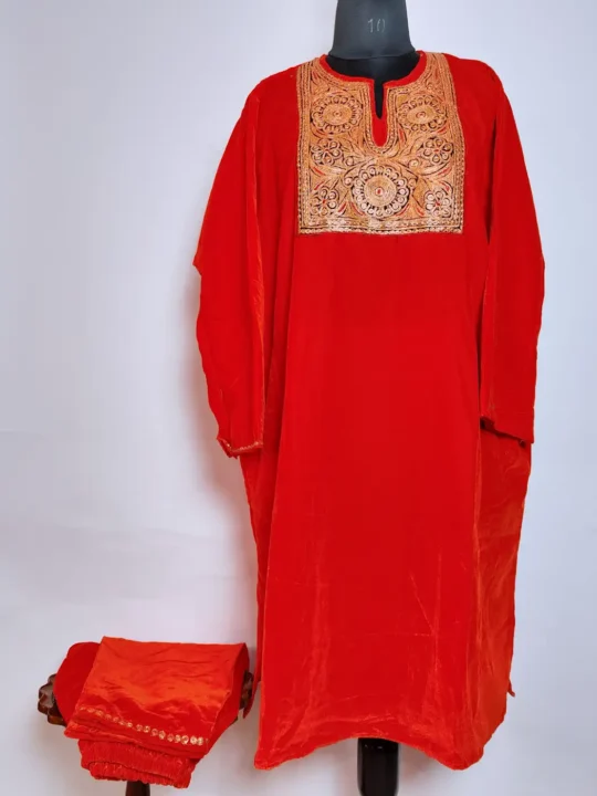 Loose Party Wear Velvet Pheran Set with Botte Tilla Work | Tangy Orange