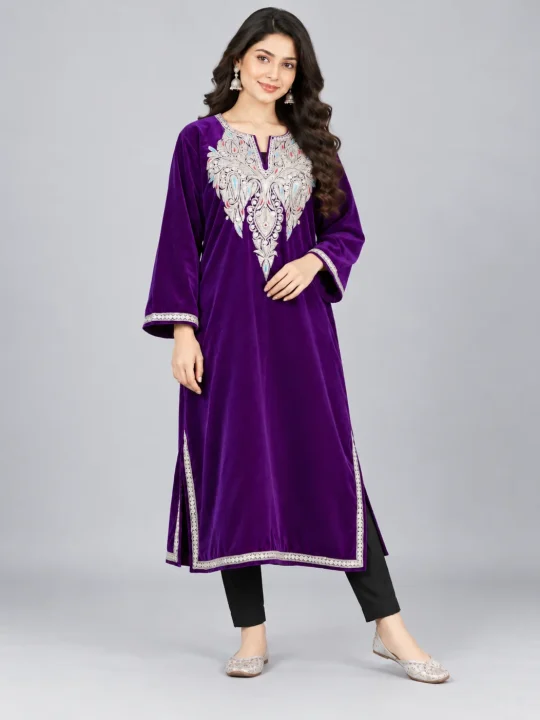 Purple Velvet Kashmiri Pheran for Women with Tilla Embroidery