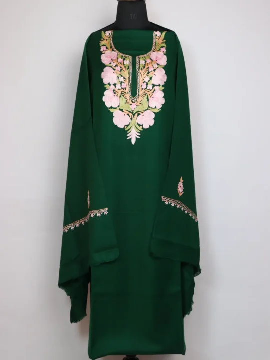 Aari Embroidery Premium Green 3pc Suit in Cashmilon Wool