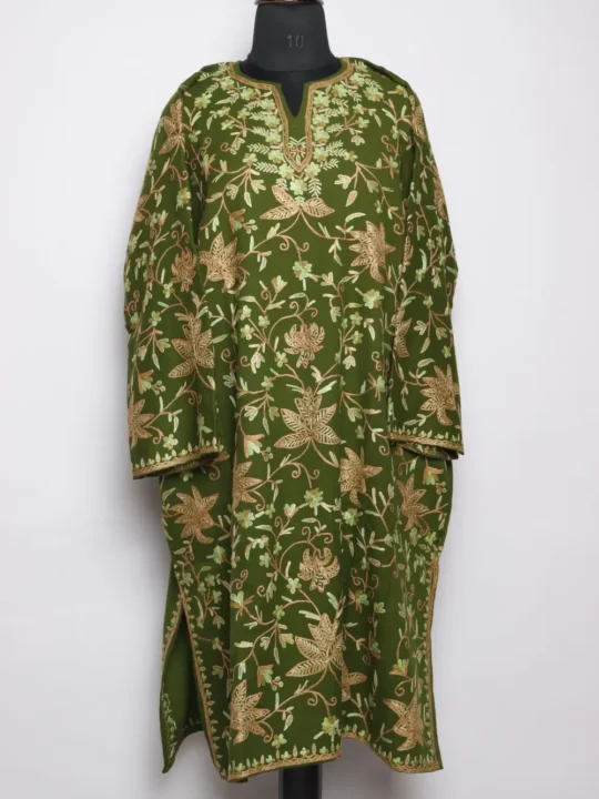 All-over Olive Green Loose Pheran in Raffal Wool Tawaqul with Hand Aari Work