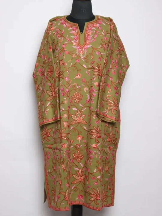 Mehndi Green Tawaqul All-over Jaal Pheran in Raffal Wool with Hand Aari Work