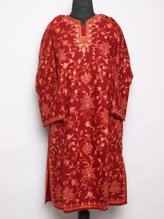 Maroon Pheran in Raffal Wool with Hand Aari Work Tawaqul