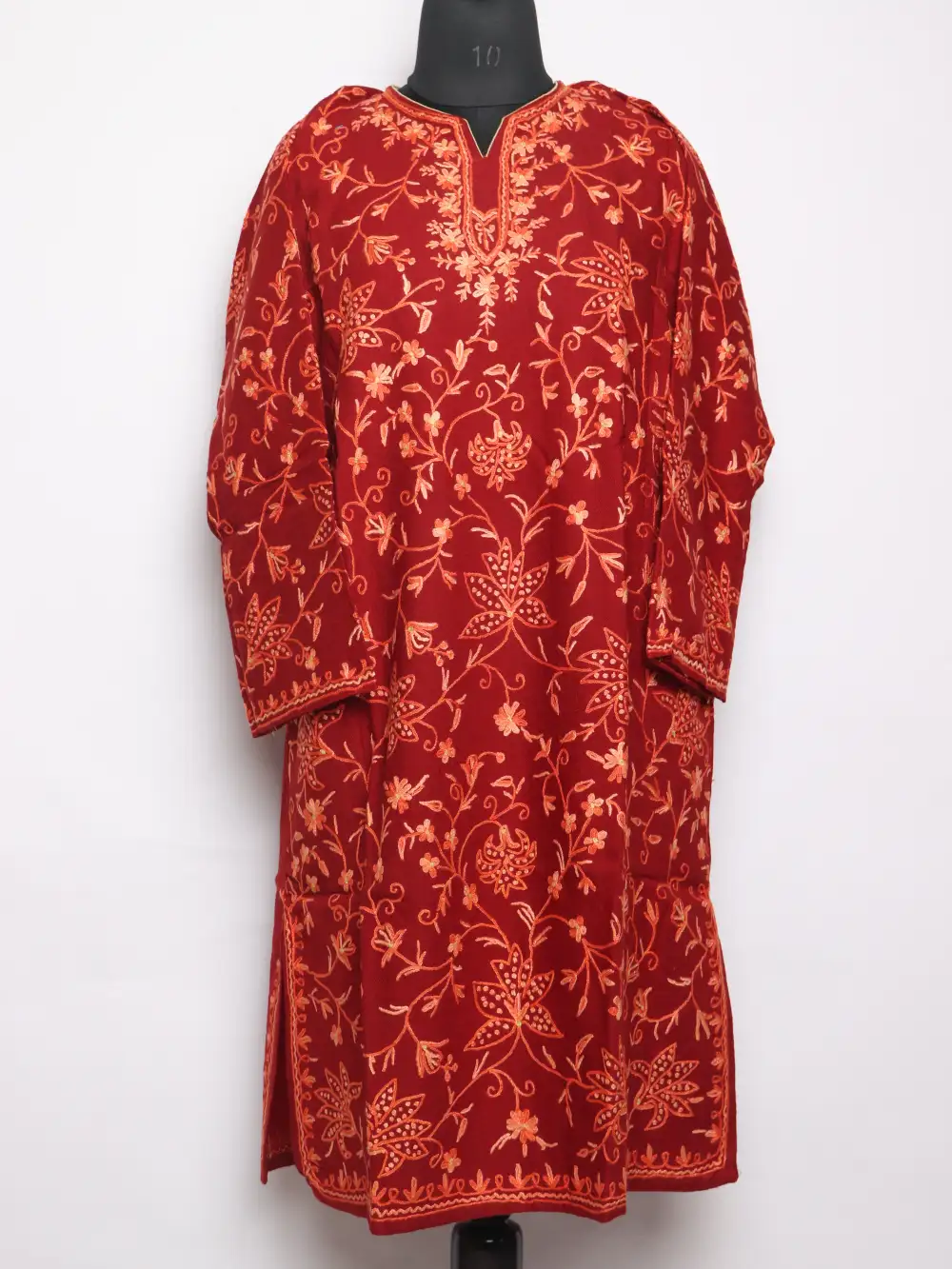 Maroon Pheran in Raffal Wool with Hand Aari Work Tawaqul