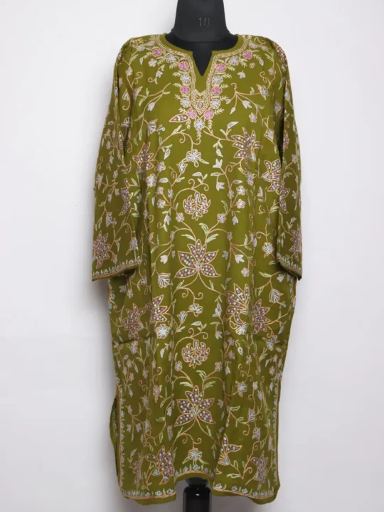 Tawaqul Mehndi Green Pheran in Raffal Wool with Hand Aari Work