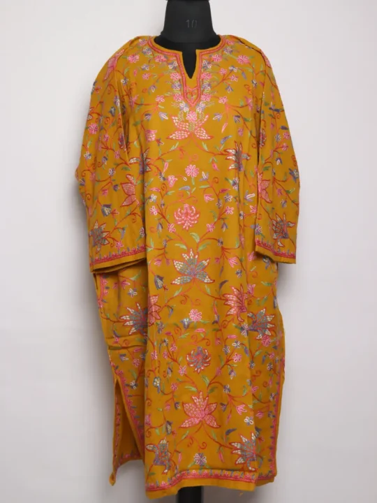 Loose Mustard Pheran Tawaqul in Raffal Wool with All-over Hand Aari Work