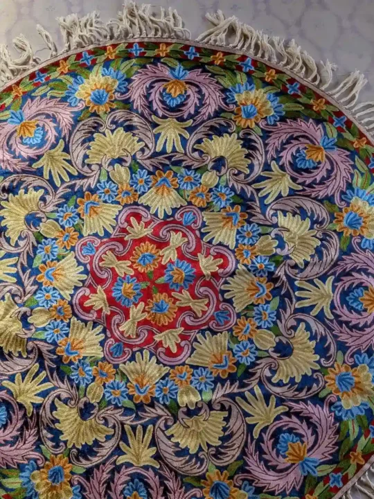 round handmade indian rug chain stitch embroidered
