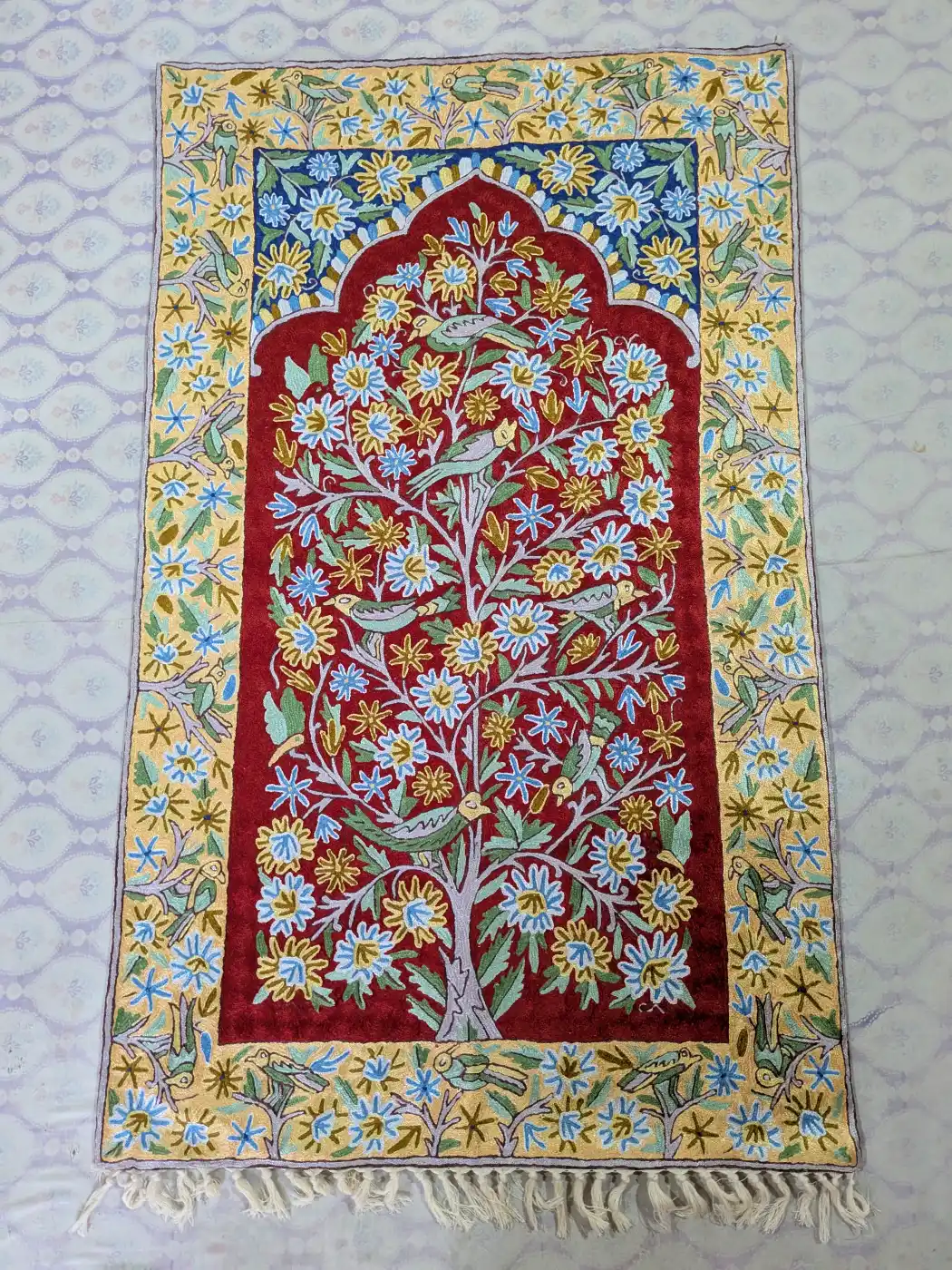 Kashmiri Wall Hanging with Hand Chain-Stitch Tree of Life Embroidery