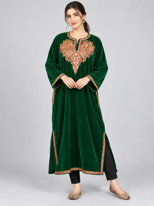 Dark Green Velvet Kashmiri Pheran with Tilla Work | Gyawun