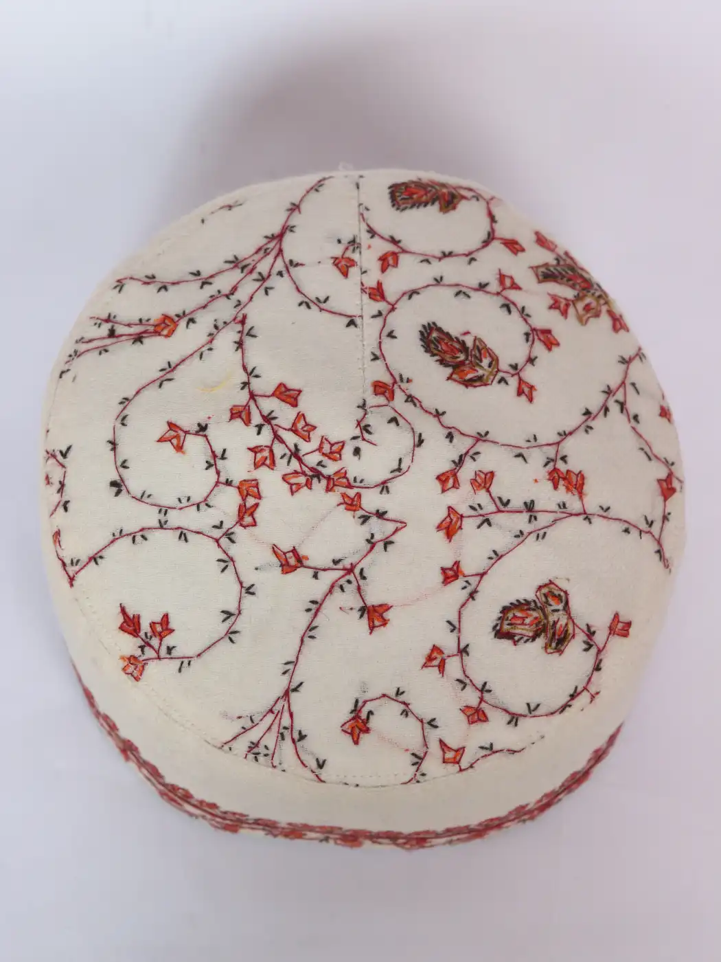 White Wular Semi Pashmina Cap with Kashmiri Hand Sozni Embroidery - Image 2