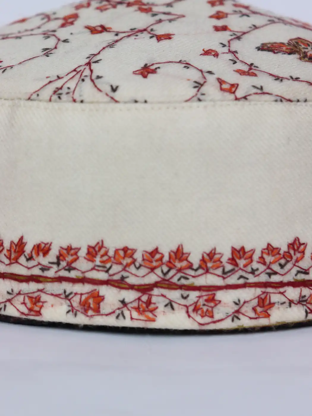White Wular Semi Pashmina Cap with Kashmiri Hand Sozni Embroidery - Image 3