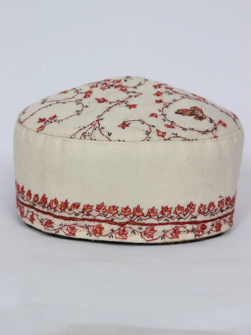 White Wular Semi Pashmina Cap with Kashmiri Hand Sozni Embroidery