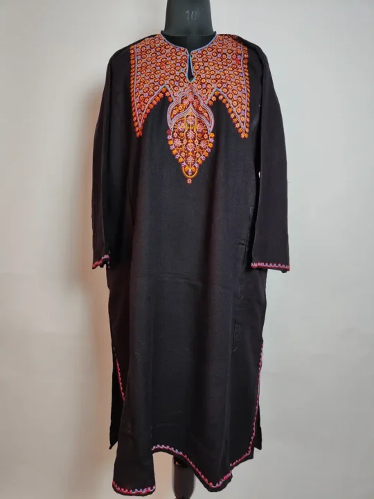 Black Cashmilon Wool Riffat Pheran with Sozni Embroidery