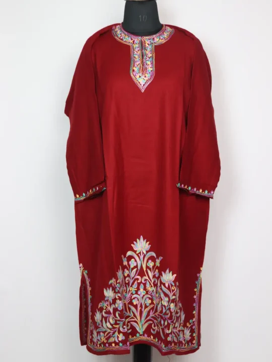 Maroon Pheran in Cashmilon Wool with Aari Work Rekhta