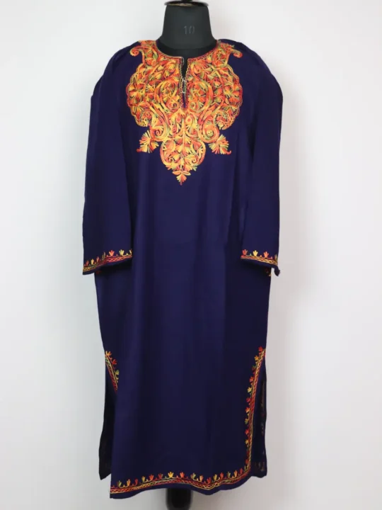 Pheran in Navy Blue Cashmilon Wool with Aari Work Rekhta