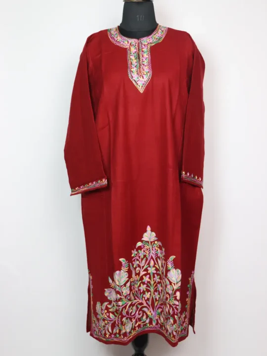 Maroon Pheran with Aari Work in Cashmilon Wool Rekhta
