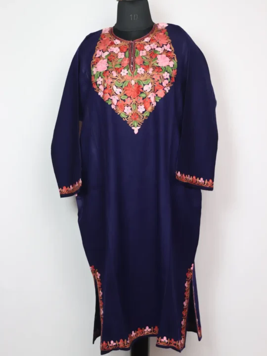 Nazneen Dark Blue Pheran in Cashmilon Wool with Aari Work