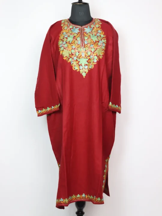 Cashmilon Wool Maroon Pheran with Aari Embroidery Daniya