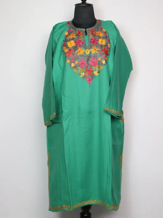 Oceanic Green Pheran with Aari Work in Cashmilon Wool Aniya