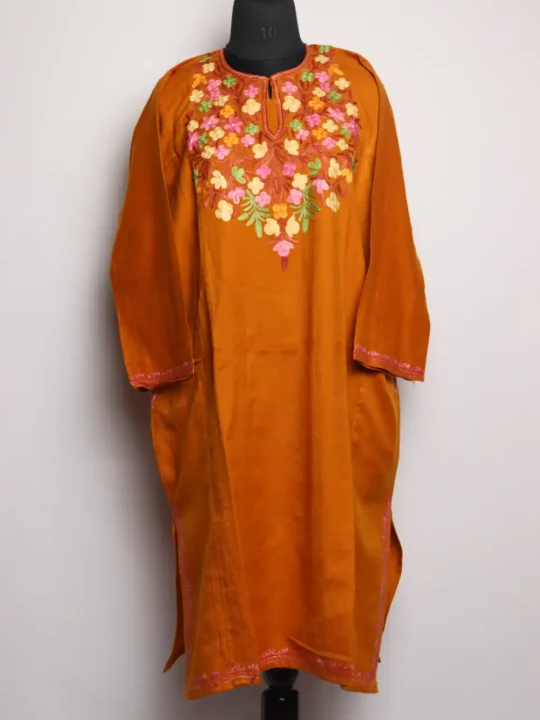 Aari Embroidery Mustard Pheran Rehana in Cashmilon Wool