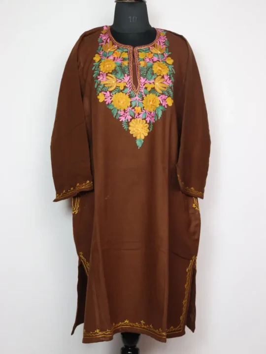 Cashmilon Dark Brown Woolen Pheran with Aari Work Jashn-e-Rekhta