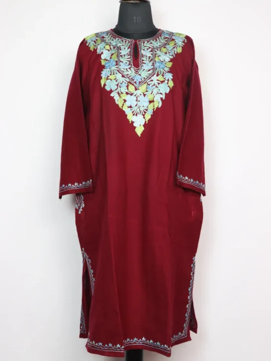 Cashmilon Wine Woolen Pheran Jashn-e-Rekhta with Aari Embroidery
