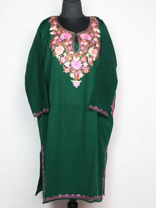 Jashn-e-Rekhta Dark Green Pheran with Aari Work in Cashmilon Wool