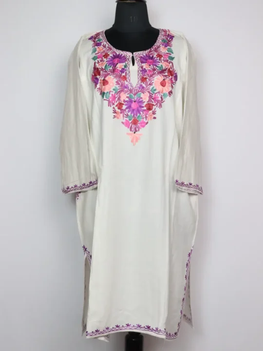 Cashmilon White Woolen Pheran Jashn-e-Rekhta with Aari Work