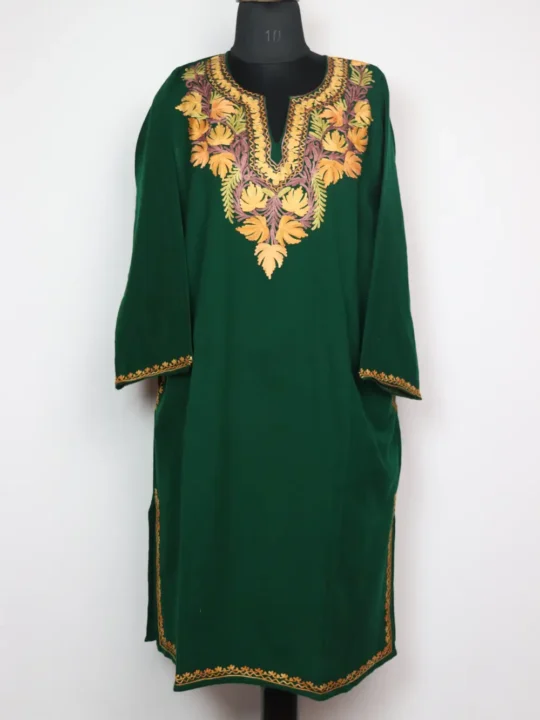Cashmilon Dark Green Woolen Pheran with Aari Embroidery Jashn-e-Rekhta