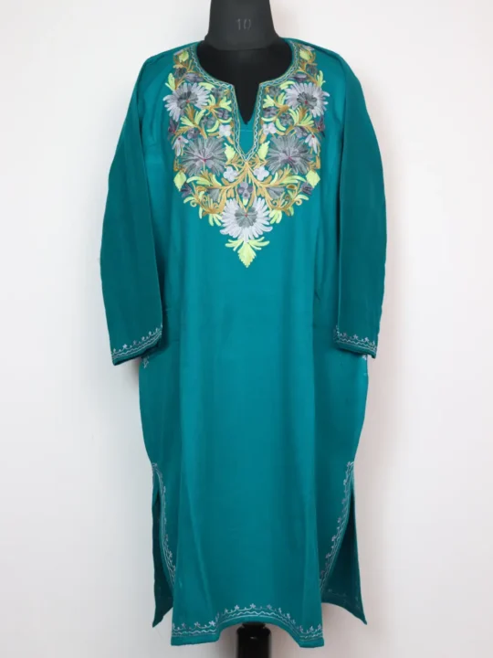 Aari Work Pheran Oceanic Blue Jashn-e-Rekhta in Cashmilon Wool