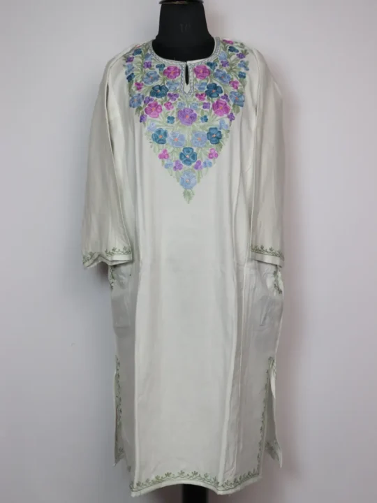 Cashmilon White Woolen Pheran with Aari Work Jashn-e-Rekhta