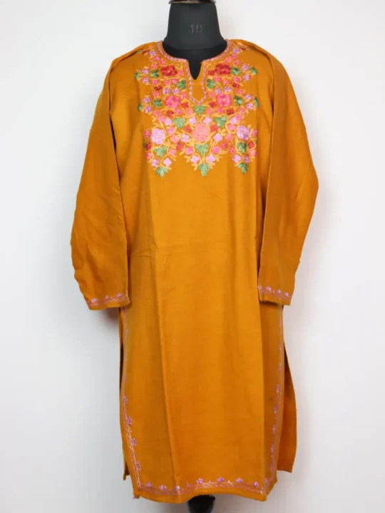 Woolen Mustard Long Kurta Jashn-e-Rekhta in Cashmilon with Aari Work